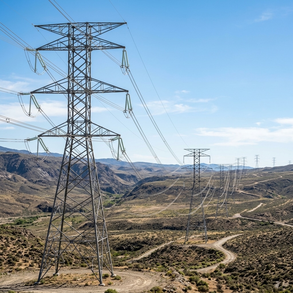 High-voltage transmission towers in bright daylight