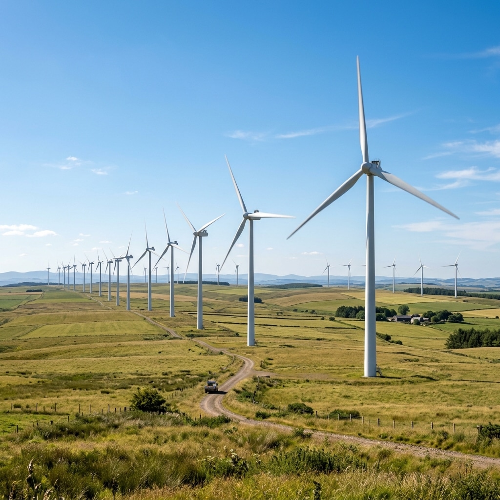 Modern wind turbines in bright daylight