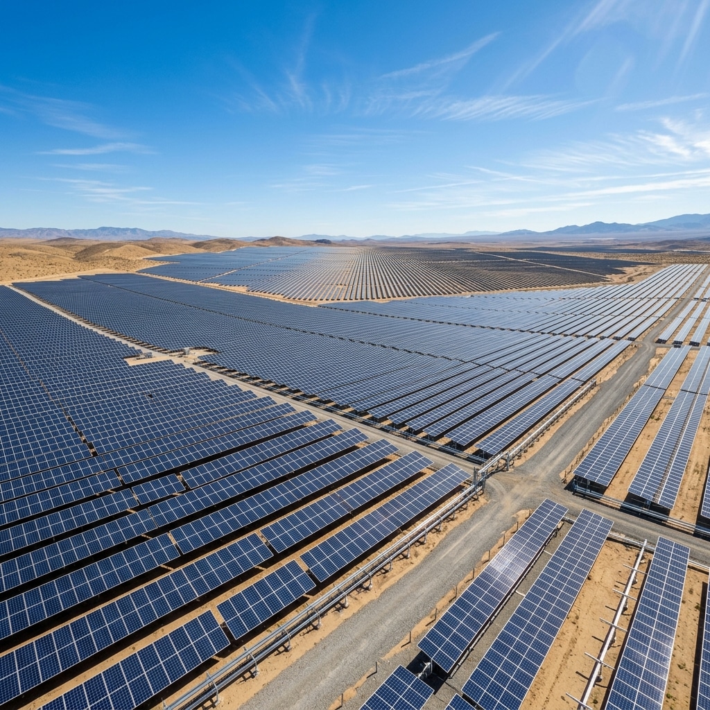Massive solar panel farm in bright daylight