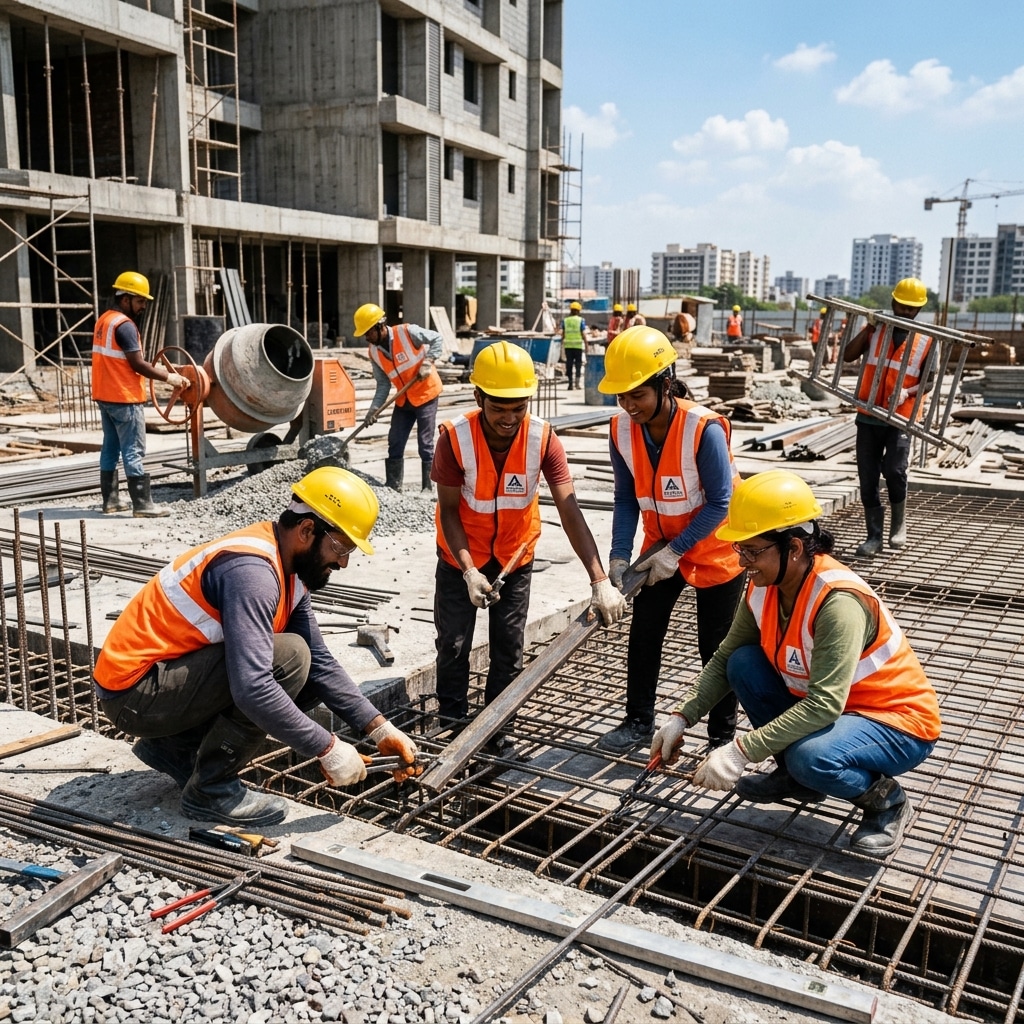 Group of Indian construction labourers actively working together