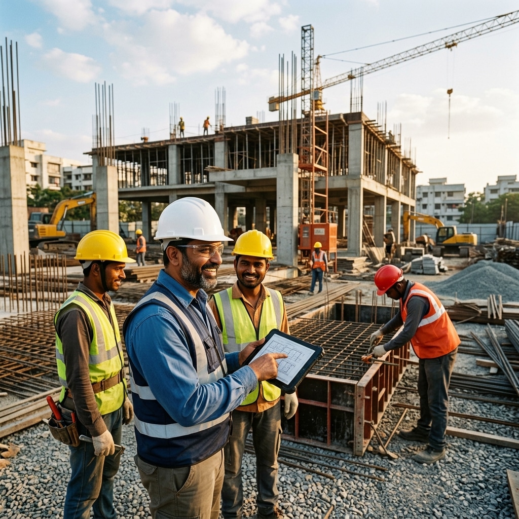 Happy Indian site contractor actively directing a team of workers