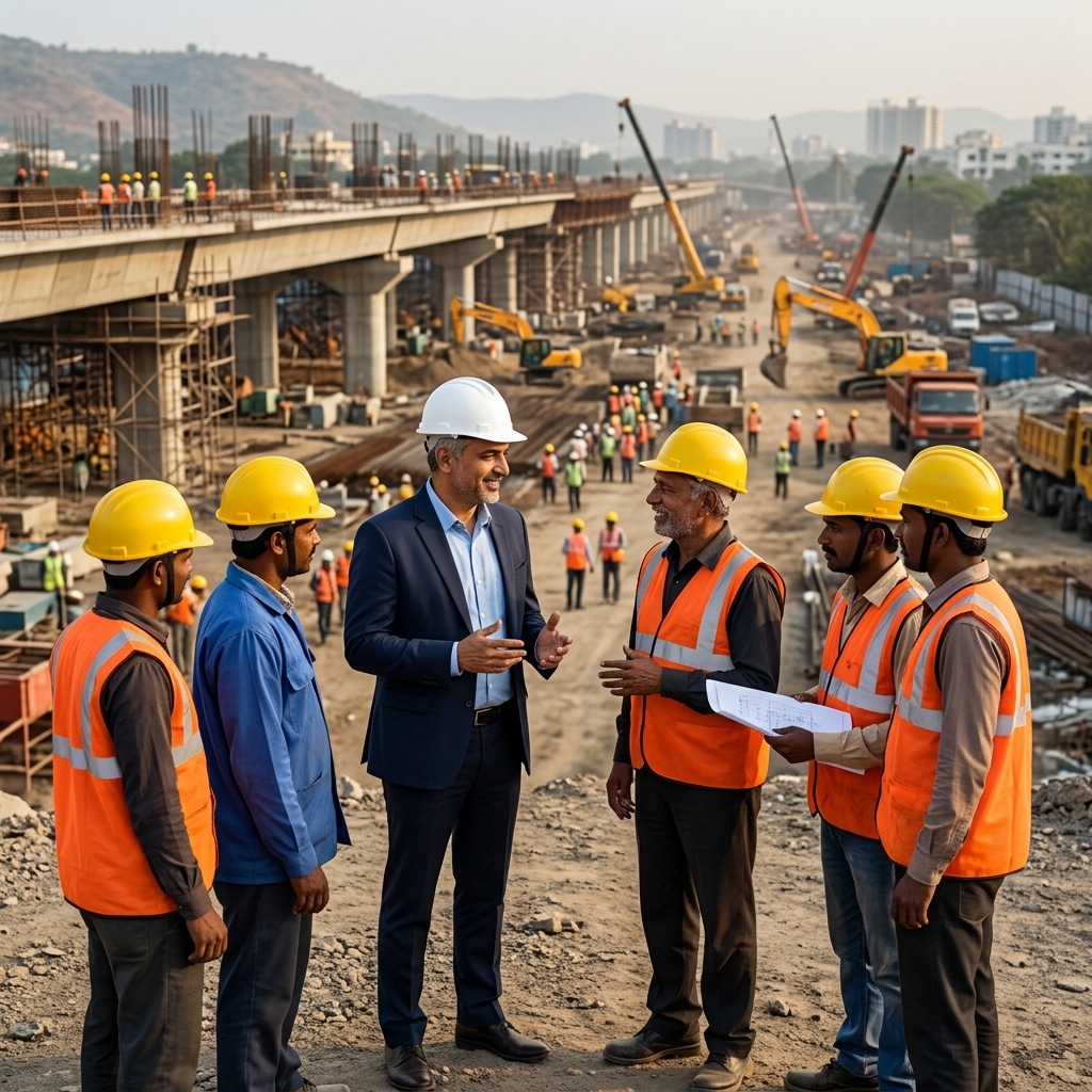 Indian company executive engaging with contractors and labourers