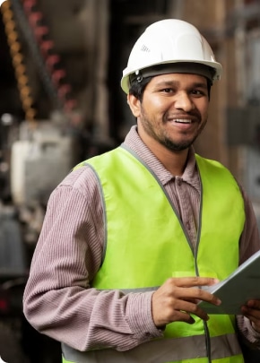Authentic construction labourer with logo neatly placed on the helmet