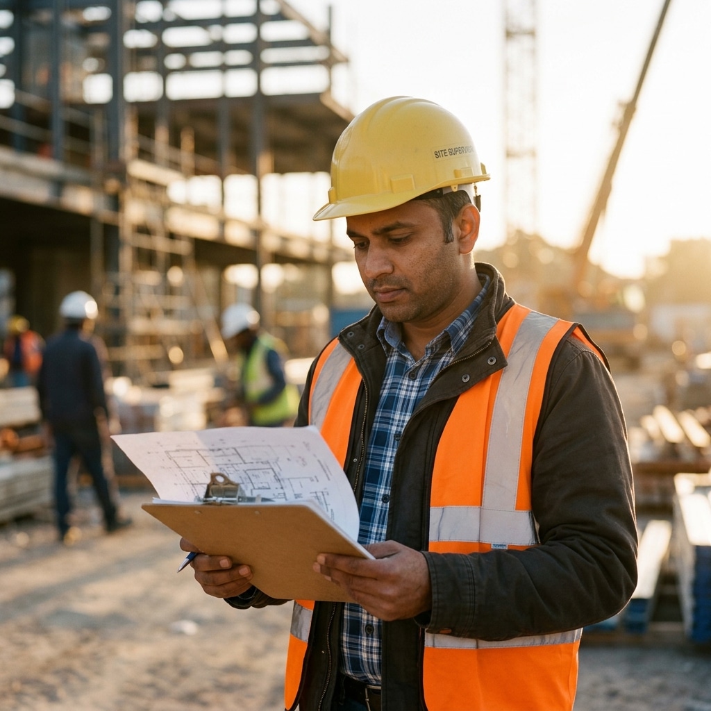 Professional Indian site contractor reviewing blueprints on a clipboard