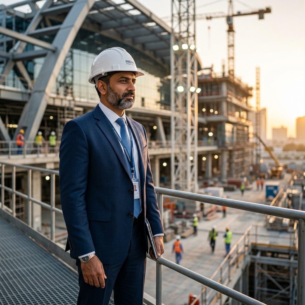 Professional Indian male company executive observing an industrial project